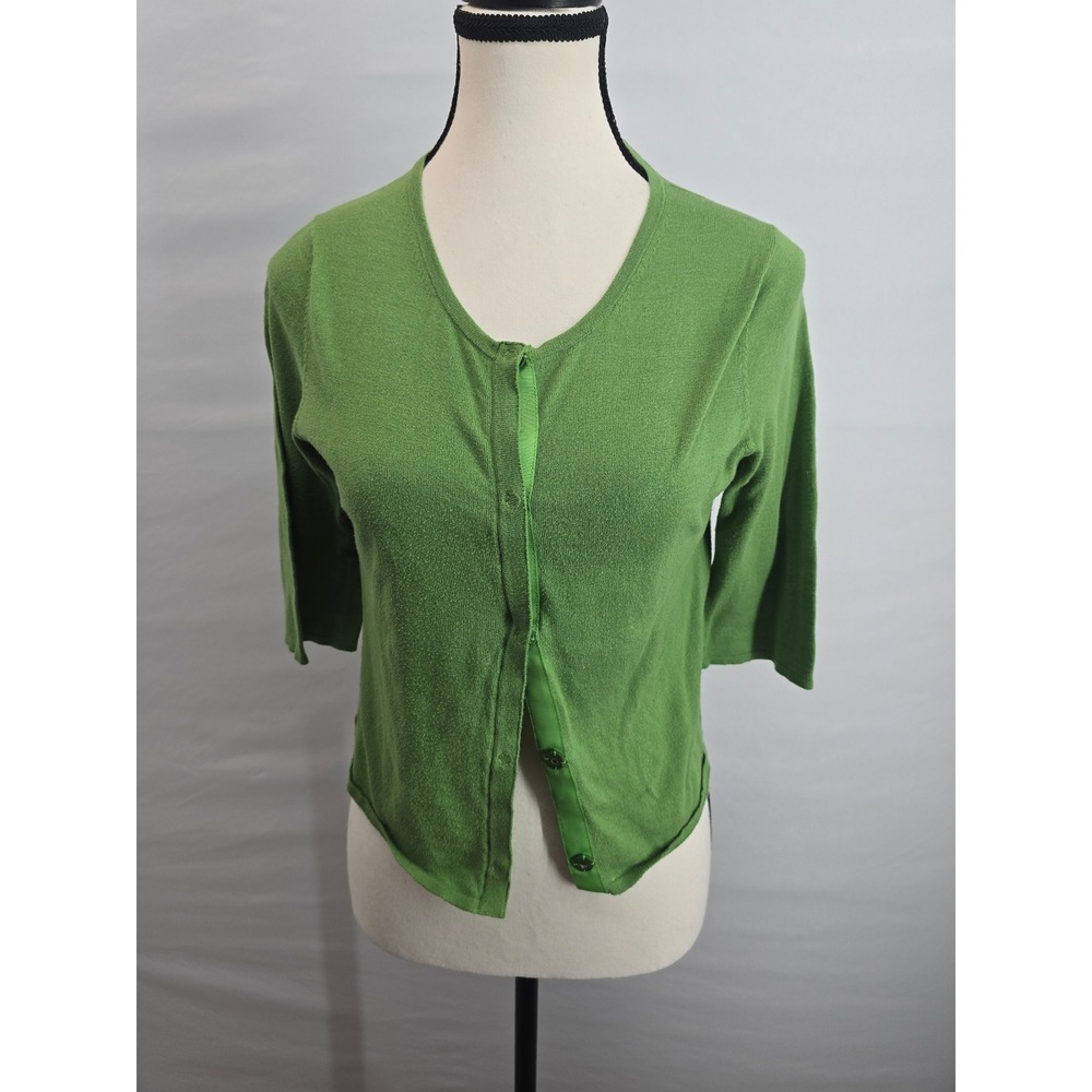 Oi Green 3/4 Sleeve Button Up Cardigan Sweater Womens‎ Size Medium Ribbon Trim